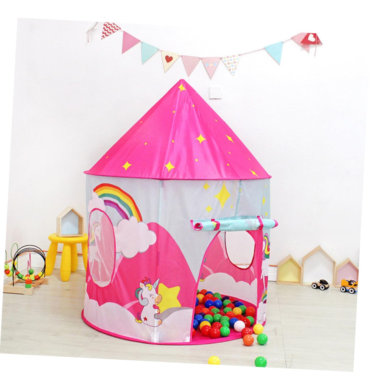 Casetta da Gioco Pieghevole Portatile per Bambini Porta Avvolgibile e Finestre, Interna, Rosa, Giocattolo Creativo per Sviluppare Immaginazione e Divertimento al Coperto