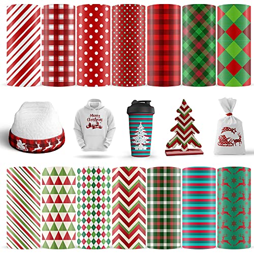 Christmas Infusible Transfer Ink Sheets 14 Pieces 4.5 x 12 inch Red and Green Buffalo Plaid Santa Snowman Sublimation Paper for T-Shirt Hat Mugs Garden Flag DIY Halloween Party Decoration (Plaid)