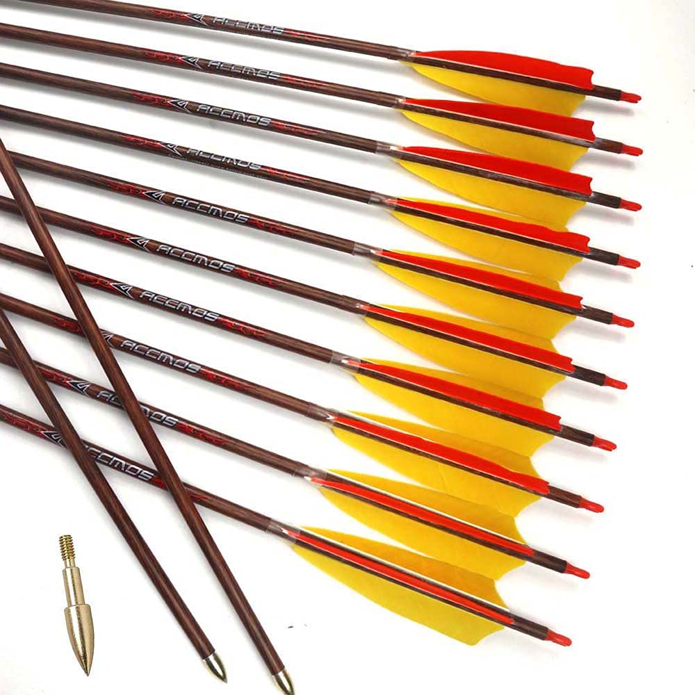 ACCMOS Spine 400 500 600 700 Freccia in Carbonio, 32 "Legno Color Carbonio Shaft 5 "Piuma di Tacchino Colorata ID 6,2 mm Freccia da Caccia, per Arco Ricurvo Arco Composto Tiro con L'Arco