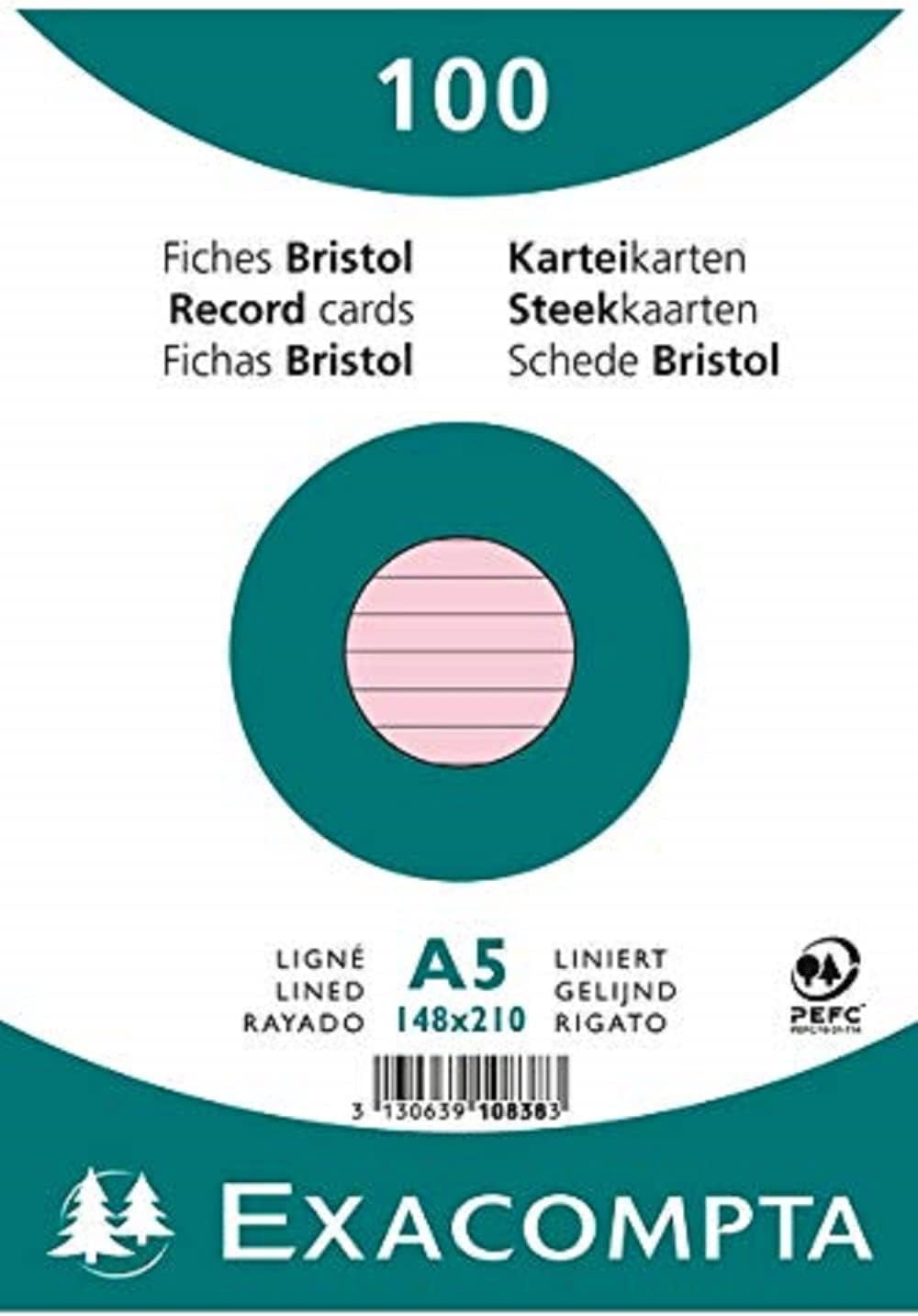 Exacompta - Ref 10838SE - Bristol Lined Record Cards (Pack of 100) - A5 in Size, 205gsm Card, Compatible with Printers - Suitable for Exam Revision & Notes - Pink