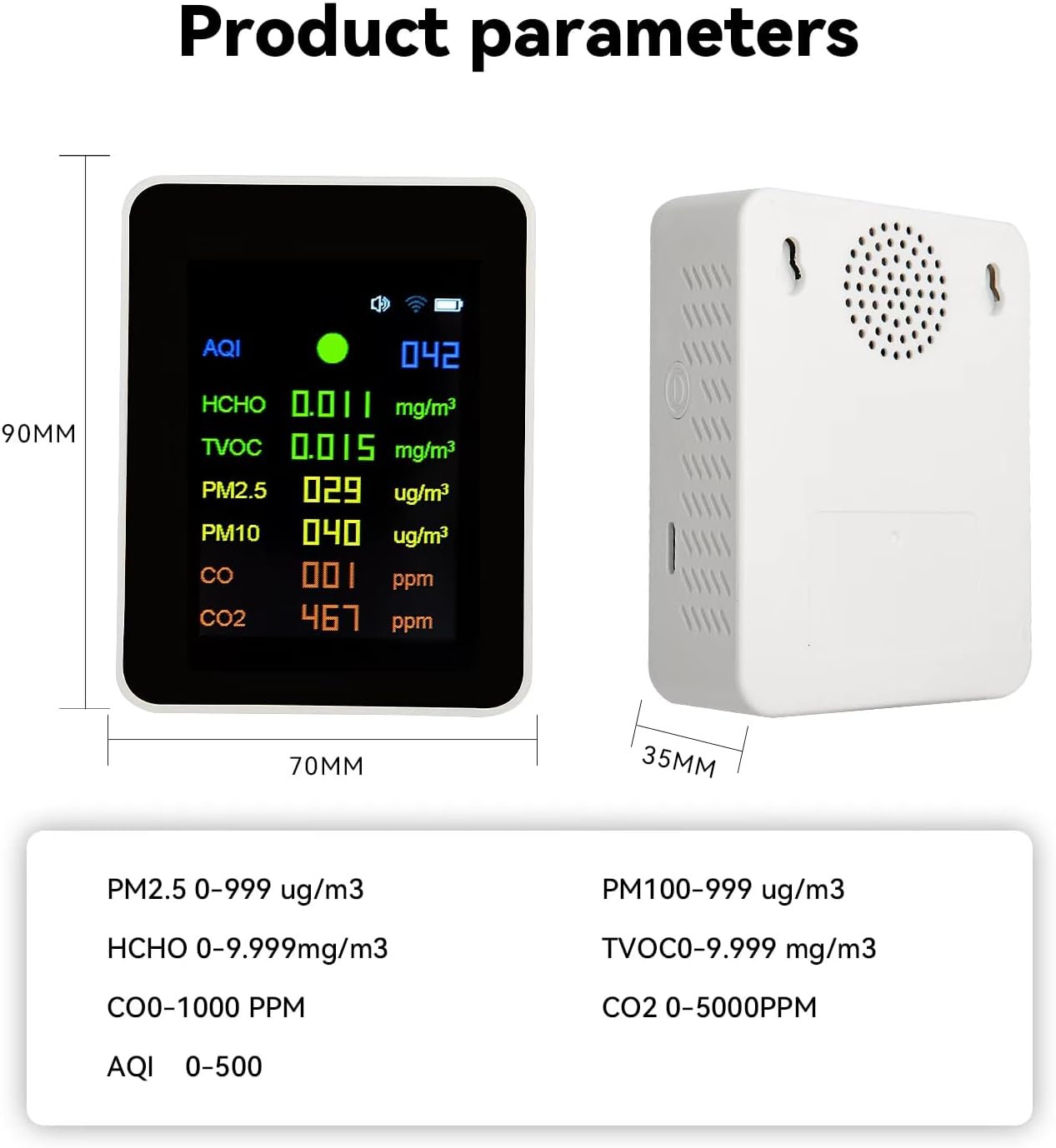 Air Quality Monitor,Indoor Air Quality Meters Detect AQI,CO2,CO,TVOC,HCHO,PM2.5,PM10 with WiFi and Date Display,Real Time Monitoring,Battery Powered,Home Air Test Kits (White)