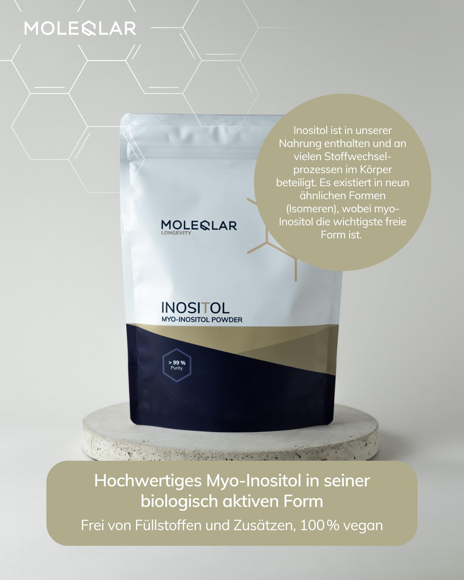 MoleQlar Myo-inositolo Polvere 300 grammi – Inositolo certificato e puro con contenuto di sostanza stabile – 5 grammi per porzione – Scorta per 60 giorni