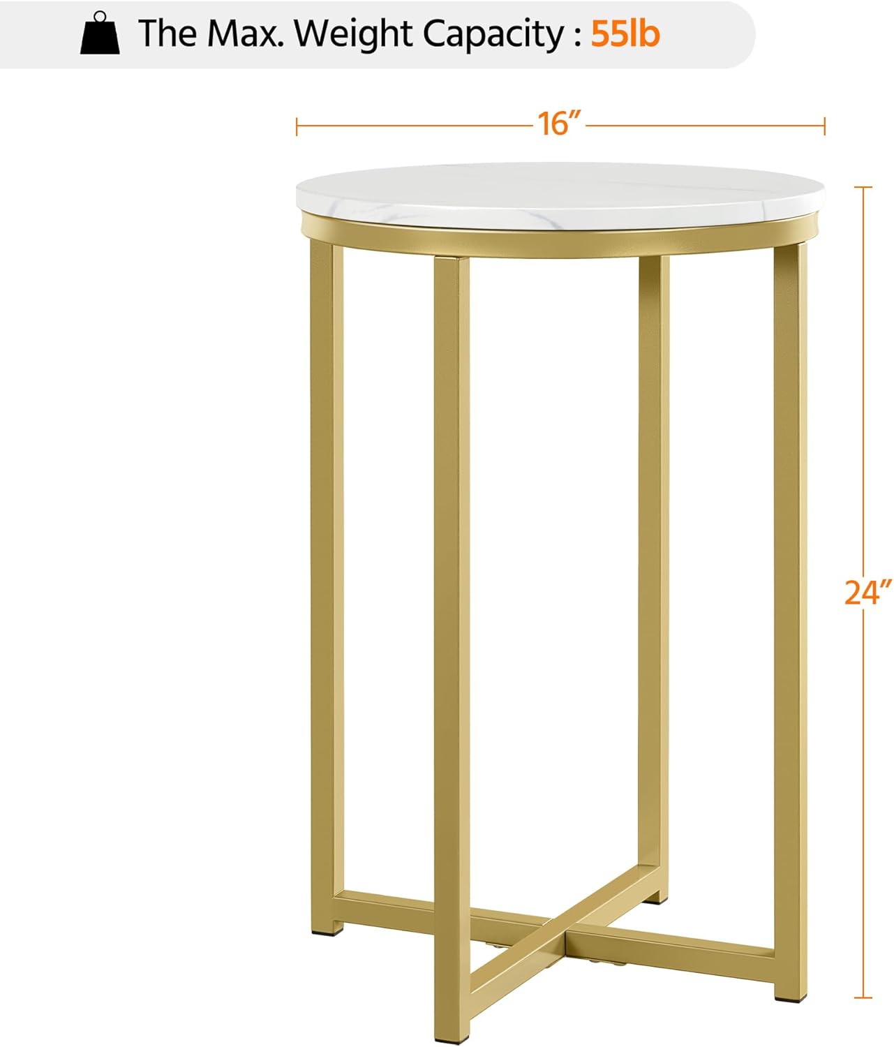 Topeakmart Round Side Table w/X-Based Faux Marble, Round Tabletop, Sturdy Metal Legs for Living Room,Mustard Gold