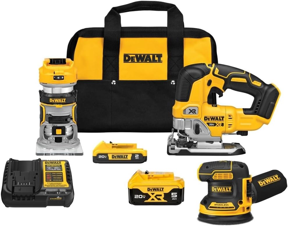 20V MAX* 3-Tool Combo Kit, Brushless Cordless Router Tool, Random Orbital Sander, Jig Saw, Battery and Charger Included (DCK307D1P1)