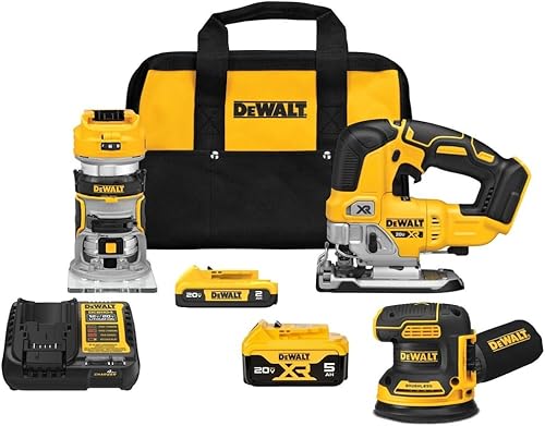 DEWALT Kit combinado de 3 herramientas de 20 V MAX* Herramienta de enrutador inalámbrico sin escobillas, lijadora orbital aleatoria, sierra de