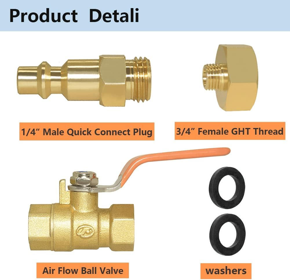 Hooshing RV Winterize Blowout Adapter with 1/4 Inch Male Quick Plug and 3/4 Inch Female GHT Brass Quick Adapter with Ball Valve for for RV, Travel Trailer, Boat