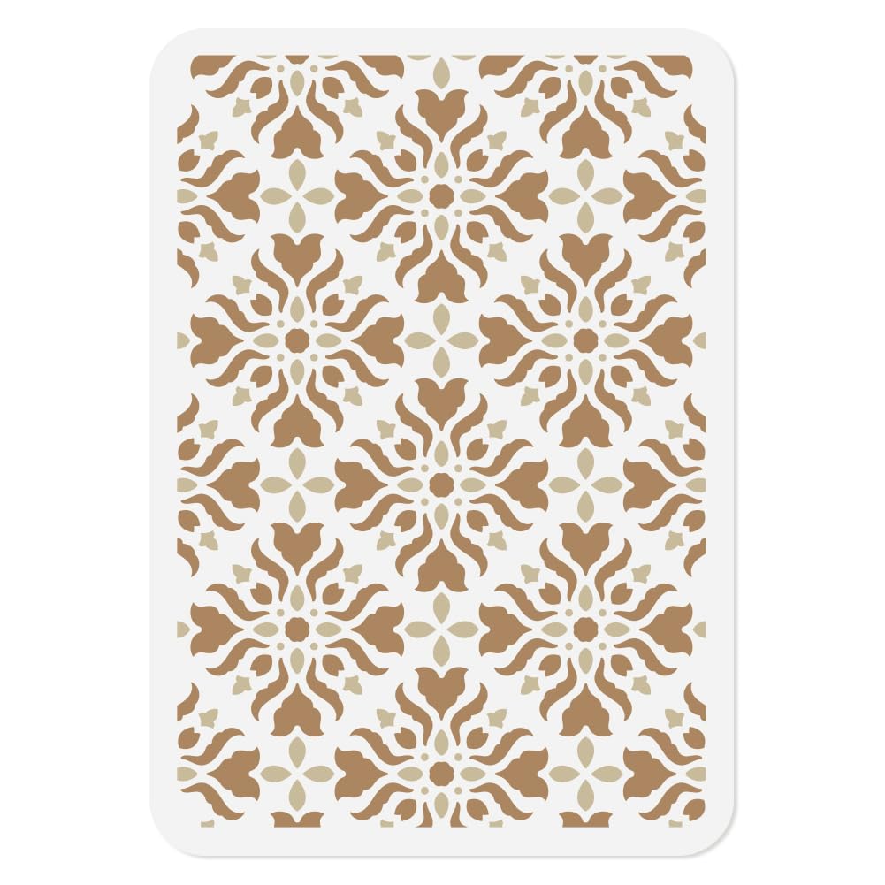 Muiltvoe Damask Floral Stencils for Painting, 29.7×21cm Square Damask Flower Reusable Stencil Drawing Templates with Brushes, DIY Craft Paint Templates for Wall Home Decor Wood Burning Floor Tile