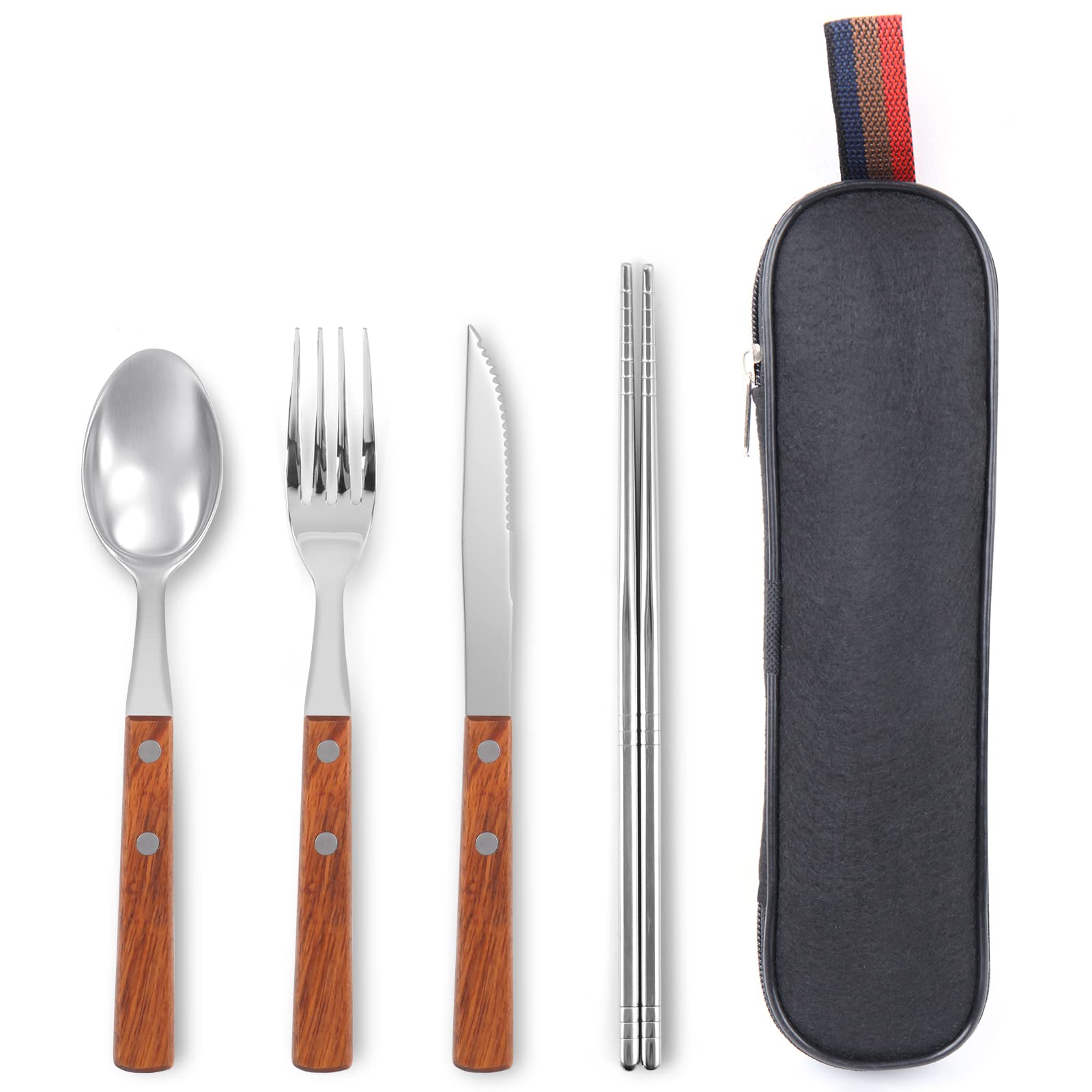 GTJLLY Travel Utensils with Case 4-Pack Wooden Handle Stainless Steel Reusable Travel Cutlery Set, Forks Spoons Knives Flatware Set for Camping, Picnic, Lunch Box for Men