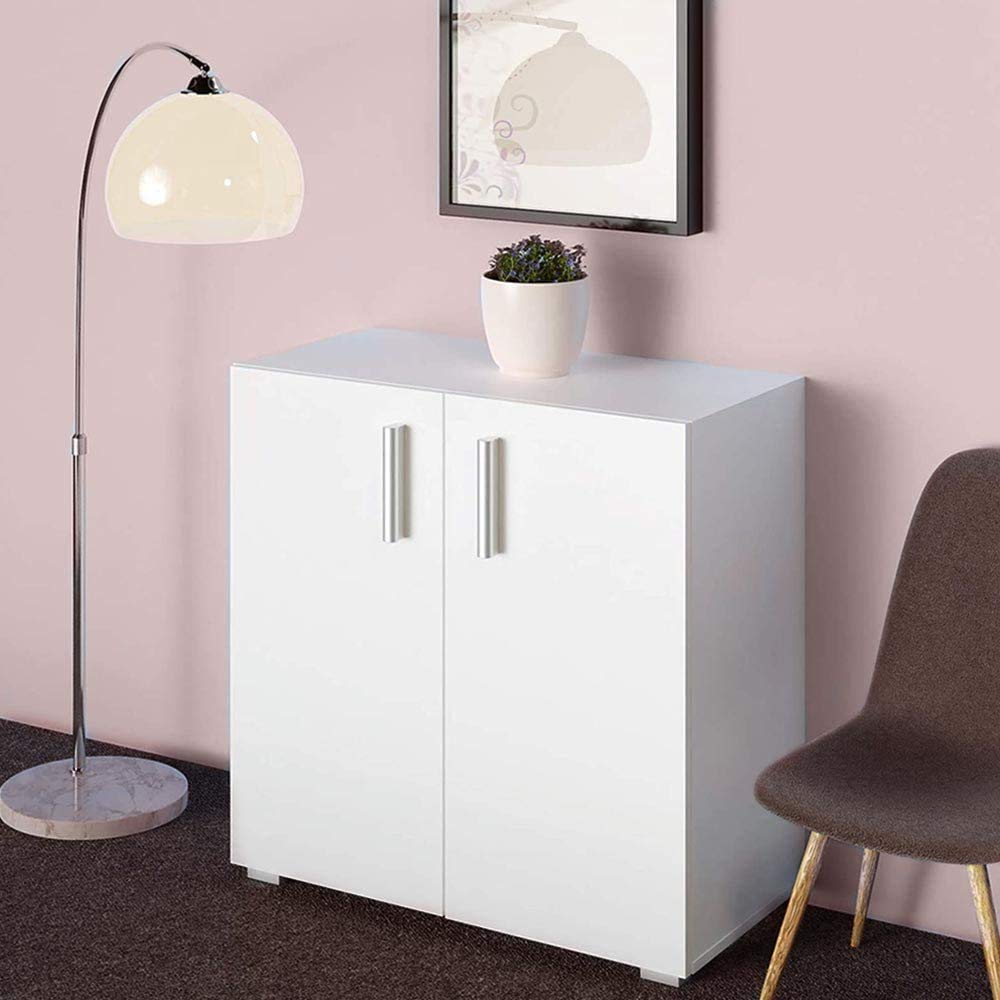BAKAJI Mobile Madia con Doppia Anta e 2 Ripiani Interni Mobiletto Portadocumenti Armadio Multiuso per Ufficio, Cucina o Bagno, Credenza Design Moderno Legno MDF Dimensione 77 x 31 x 60 cm (Bianco)