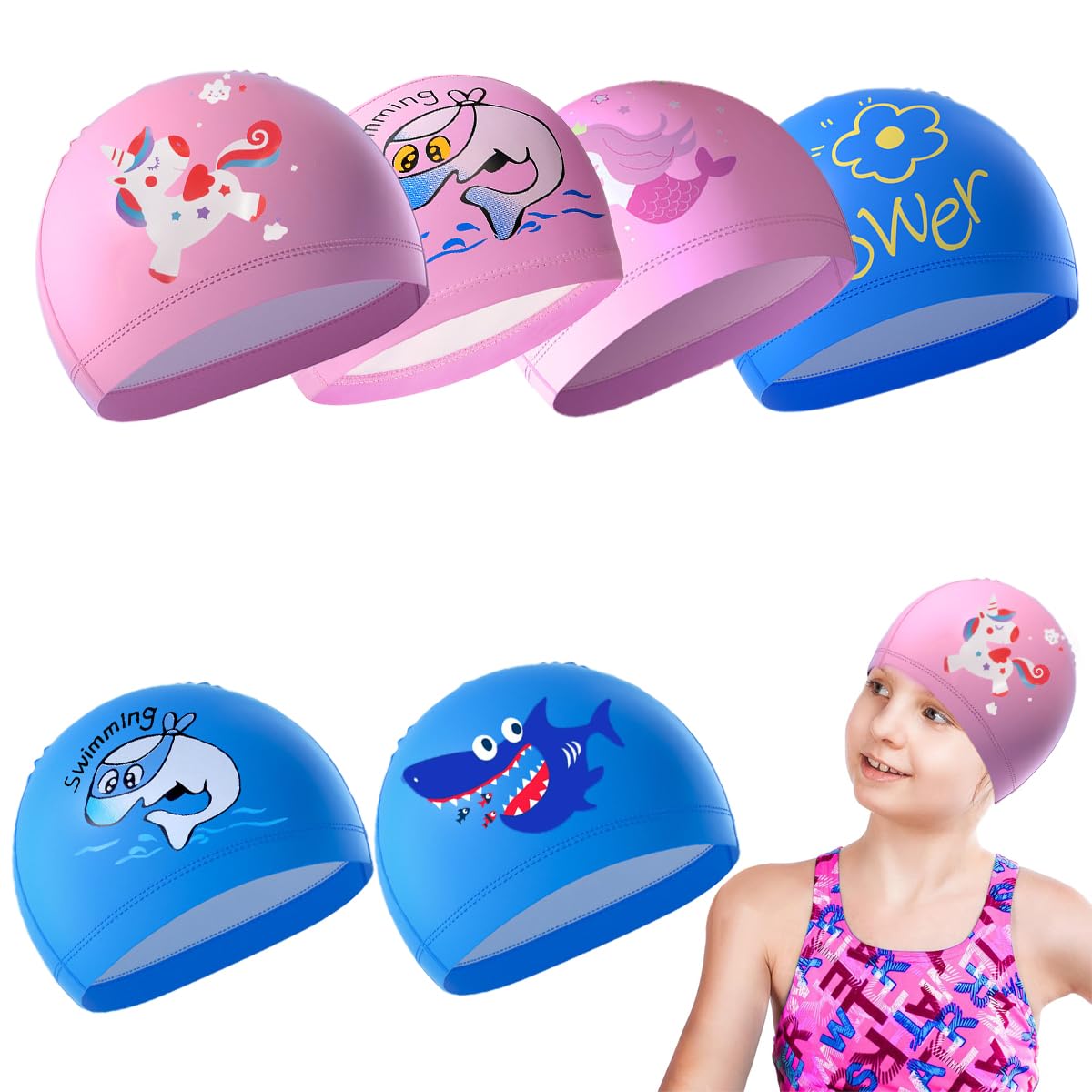 Garegce Kids Swimming Cap, Kids Fabric Swim Cap Waterproof Comfortable Soft Children'S Swim Hat, Unisex for Boys Girls Toddler Children Teens for Age 3-6-10, Cute Cartoon Pattern