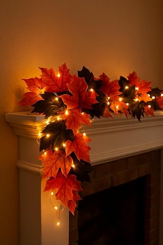 Miniatura 4 de Red Orange and Black Fall Leaves Garland for Mantel, Staircase, Table Runner