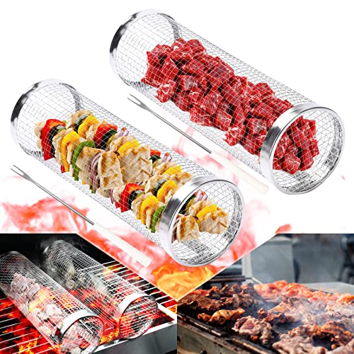 2 Pcs Rolling Grilling Basket, Grill Basket Stainless Steel Bbq Grill Mesh, Bbq Grill Accessories Rolling Grill Basket For Outdoor Grill For Fish, Shrimp, Meat, Vegetables, Fries (3.5*3.5*11.8 Inch) #TOP13