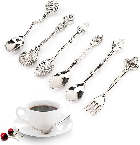 Juego de 6 cucharas y tenedores, juego de 6 cucharas innovadoras de aleación de zinc retro, juego de tenedores, postre de café, cucharas, cubiertos,