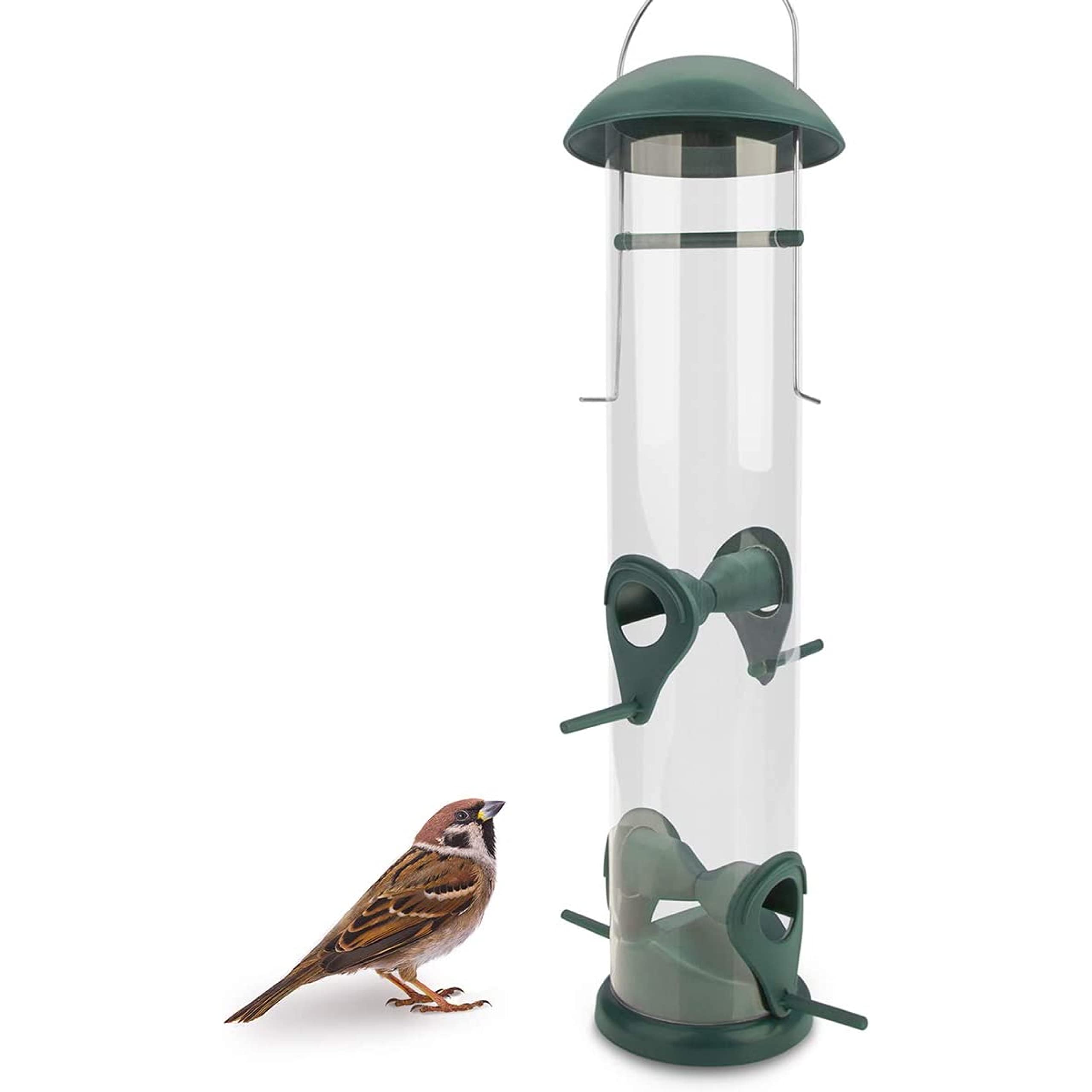 WILDLIFE FRIEND Comedero para pájaros en Forma de Columna, Comedero para Granos con con 4 Lugares de Acceso, Verde, Comedero colgable, Provee de alimento a pájaros Silvestres Todo el año