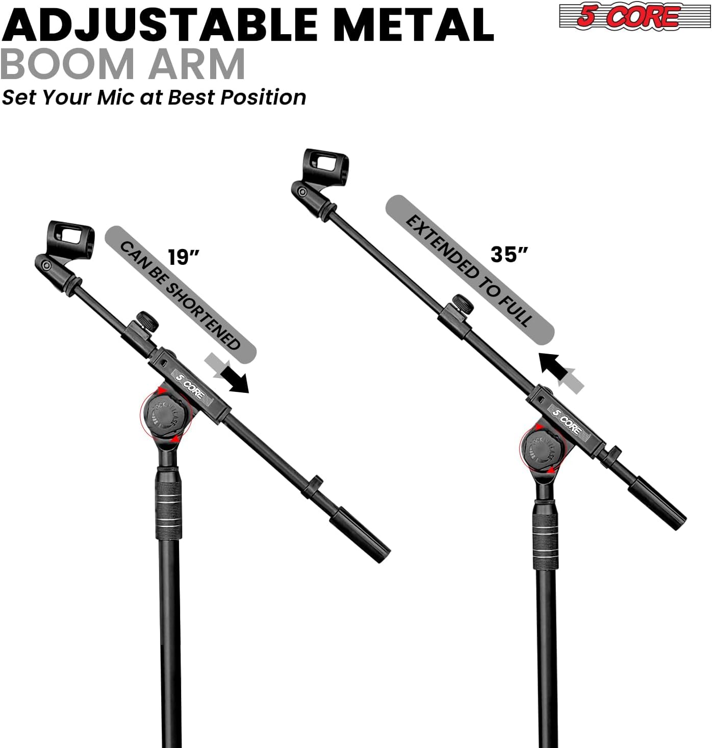 5 Core Mic Stand Pair Height Adjustable Universal Microphone Stands Floor w 180° Rotating Extending Telescoping Boom Arm Knob Tension Lock Mechanism for On Stage Home Studio Black - TBMS 80 HD 2PCs