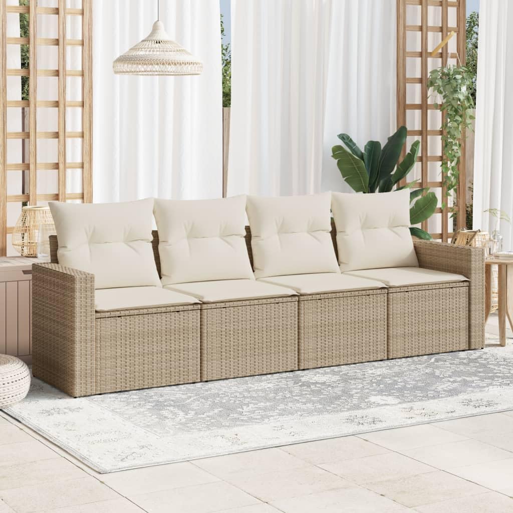 Zestaw Sofas do ogrodu 4-częściowy beżowy syntetyczny rattanowy z poduszkami | Modułowa konstrukcja, zdejmowane i nadające się do prania pokrowce, szerokie podłokietniki, idealne na taras lub patio
