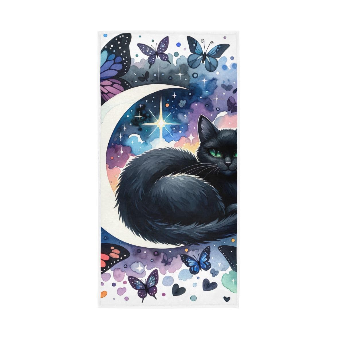 HUYGD Watercolor Butterflies Black Cat Hand Towel, Multipurpose Hand Towels Cotton for Bathroom, Gym, Hotel, Spa 15 x 30 Inches