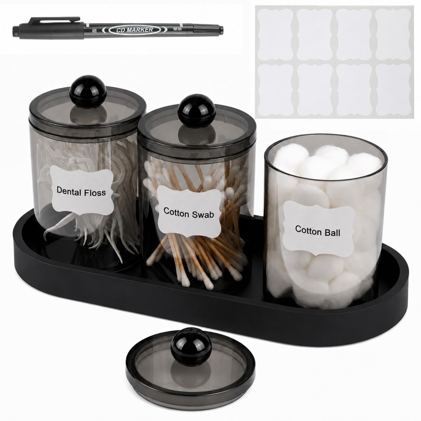 3 Pack Cotton Bud Holder, 13.5oz, with Cotton Ball/Cotton Swab/Dental Floss