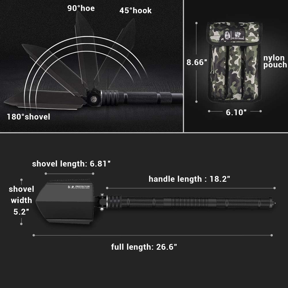 Survival Shovel Folding Tactical Shovel Aerospace-Grade Aluminum Camping Shovel Multifunctional Multitool Ultra-Light & Solid Collapsible Spade Emergency Kit with Carry Bag (26.6") : Sports & Outdoors
