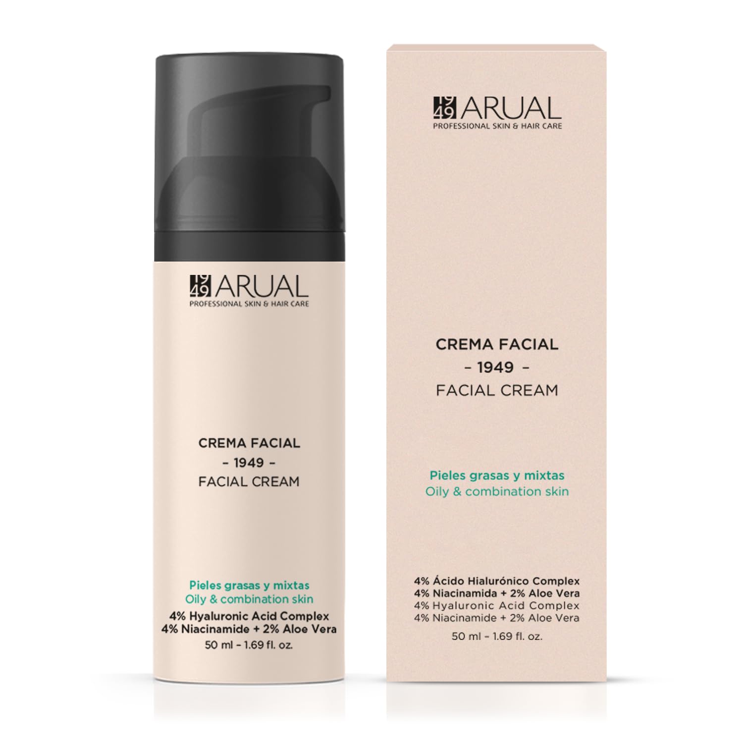 Arual Crema Facial Piel Grasa y Mixta con Ácido Hialurónico, Niacinamida,Aloe Vera