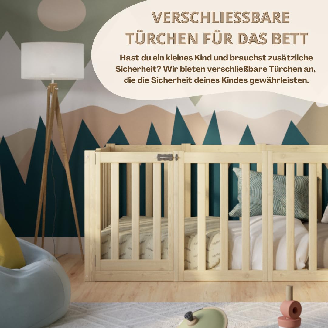 Kinderbett 140x200 cm – Montessori Bodenbett mit Hohem Rausfallschutz 73cm und Öffnbarer Barriere - Natürlichem Holz mit Glatter Oberfläche - Perfekt für Jungen und Mädchen Crazy John