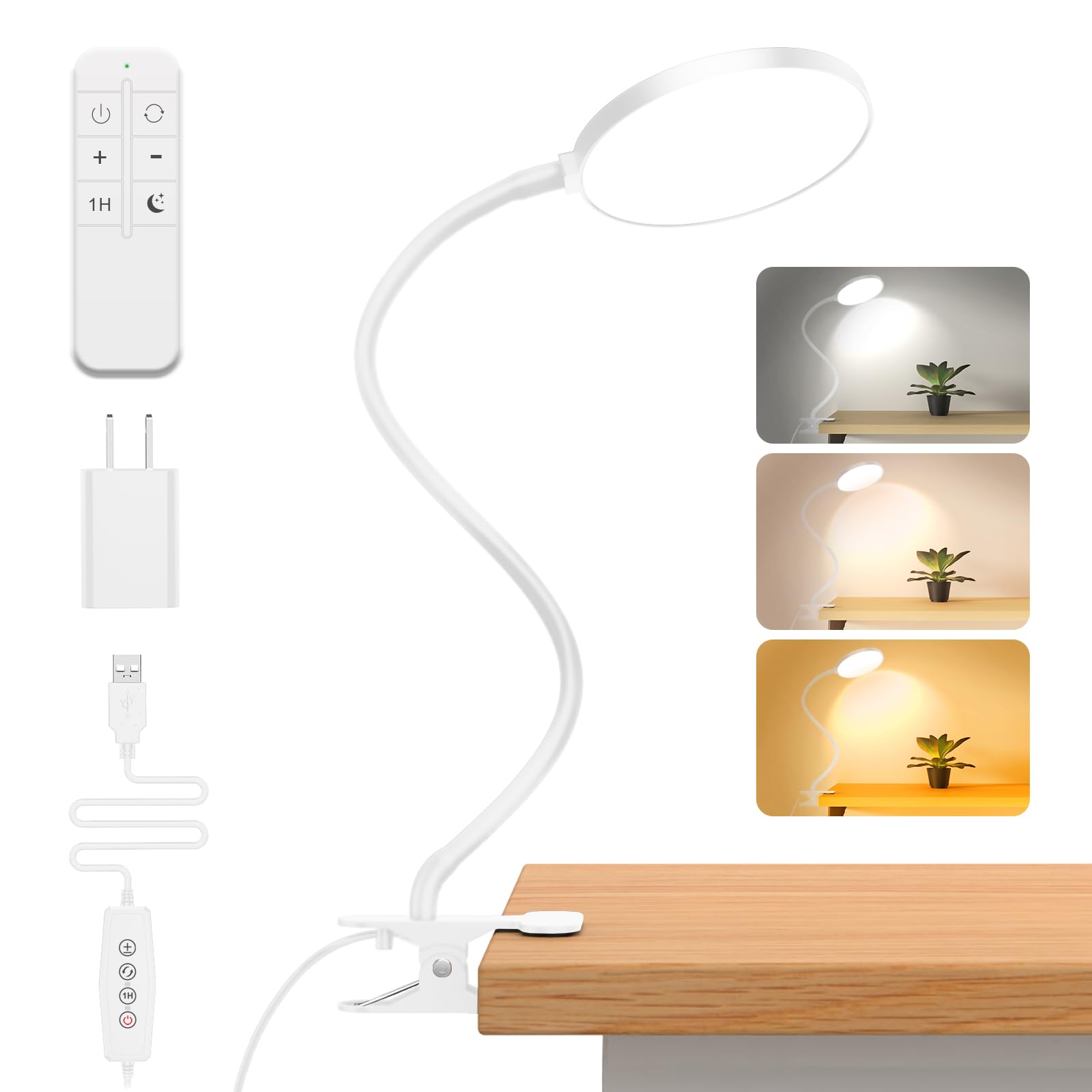 iFalarila Reading Light with Remote, LED Desk Lamp Clip on [1H Timer &amp; Nightlight] RA>95 Dimmable Flexible Gooseneck, Reading Lamp with Clamp for Table - 4.7'' (Adapter Included)
