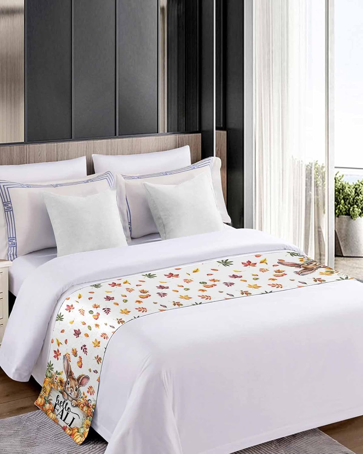 Thanksgiving Rabbit Bed Runner Scarf Full Queen Size, Autumn Pumpkins Sunflowers Leaves Luxury Bed Throw Runners & Scarves for Twin Full Queen King Foot of Bed, Bedroom Hotel Decoration, 83"x20"