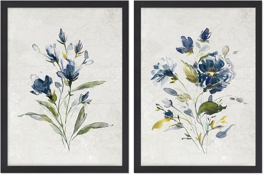 lianyibo Set di 2 stampe botaniche con fiori selvatici, stampe da parete floreali blu per bagno, soggiorno, camera da letto, ufficio (70x90cmx2/senza cornice)
