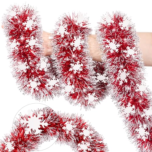 50FT Red White Christmas Tinsel Garland with Snowflake Ornaments Metallic Shiny Xmas Garland for Christmas Tree Decorations Hanging Holiday Decor for Home Party Office Mantel Staircase Indoor Outdoor