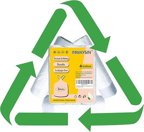 Miniatura 2 de Bolsas de basura pequeñas para baño, bolsas de basura de 4 galones con cordón, forro para cestas de basura Inwaysin blancas, 15 litros, 54 unidades
