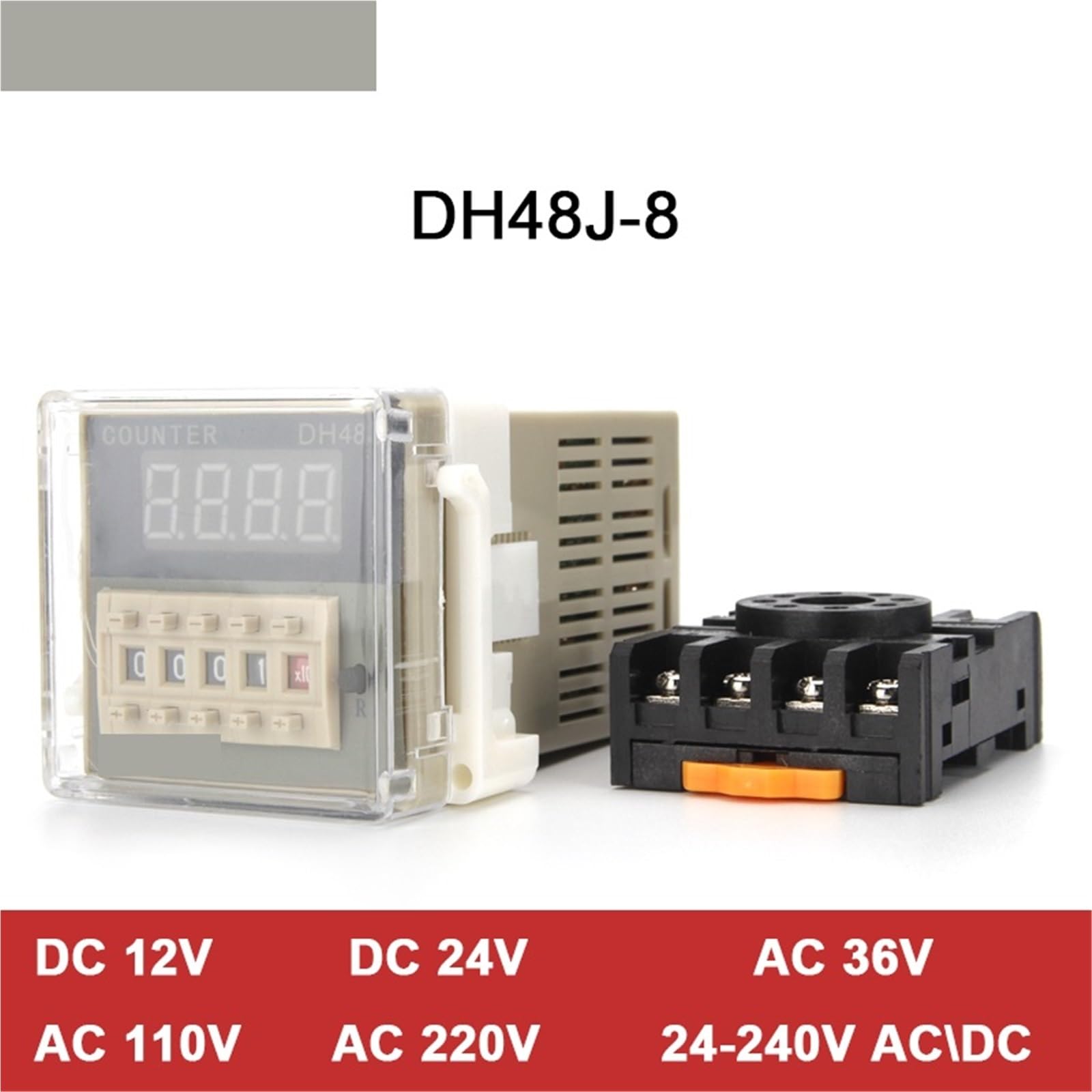 Contadores Digitales preestablecidos electrónicos de DH48J-8, contadores de Pantalla acíclicos, relé de 1-999900, 8 Pines con Base DC12V/24V/36V AC110V/220V/380V(ACDC 24-240V)