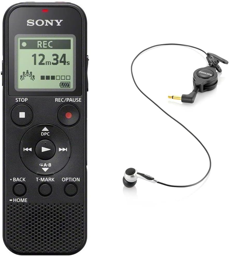 Sony ICD-PX370 Mono Digital Voice Recorder with Built-In USB, 4 GB Memory, SD Memory Slot, 55 Hours Recording & Philips LFH 9162 Telephone Pick-Up Microphone
