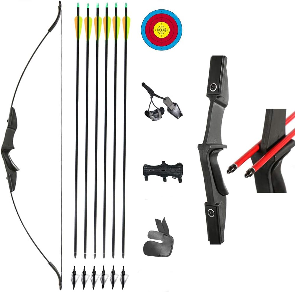 Archery 57" Takedown Youth Recurve Bow and Arrow Set Long Bow Kit with 6pcs Fiberglass Arrows for Beginner Teenagers Right Left Hand Black - Draw Weight 20lbs- 40lbs