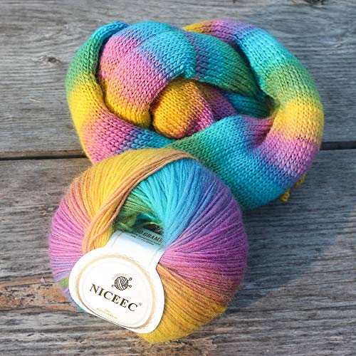 Image of 2 Skeins Rainbow Soft Yarn 100% Wool Gradient Multi Color Yarn for Crocheting Knit Total Length 180mx2(196ydsx2,50gx2)-24