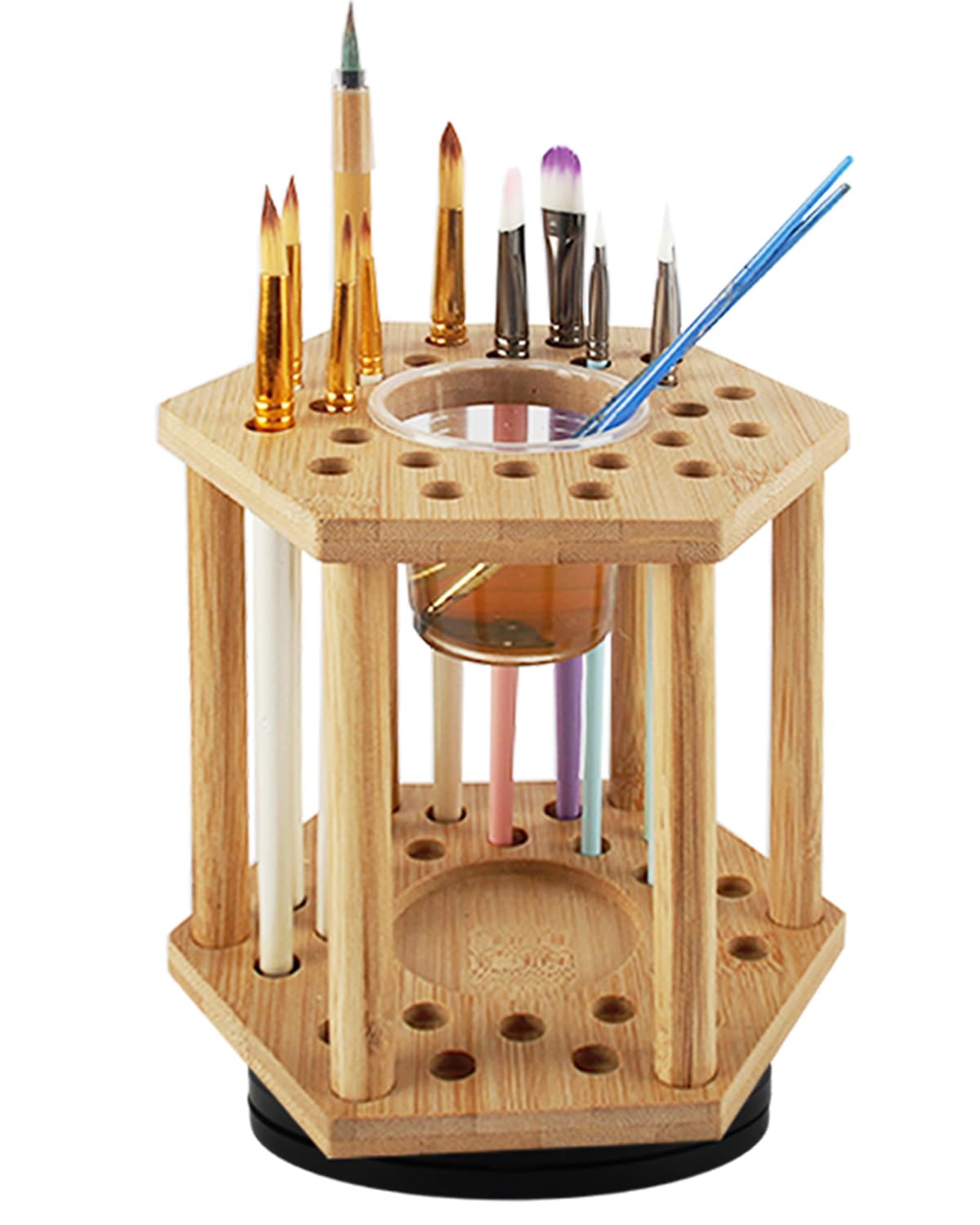 LITAITAI Rotating PaintBrush Holder 25 Holes Bamboo Display Drying Stand Artist Paint Brush Organizer Watercolor Brush Stand Rack Paint Brush Storage Art Supply Organizer(1pcs)