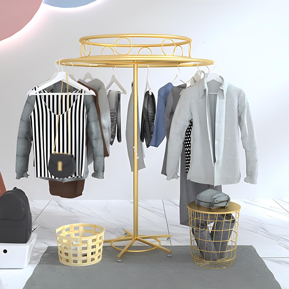 JKJZSALJ Rotatable Round Clothes Display Rack, Freestanding Garment Display Retail Rack, Hanging Metal Clothes Rack, Ribbon Storage Display Rack Scarf Coat Hanger,Gold,100cm/39.4in