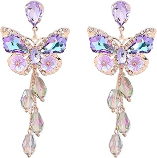 Butterfly Teardrop Tassel Earrings, Butterfly Flower Tassel Dangle Earrings for Women, Bohemian Purple Butterfly Fringe Earrings, Sparkling Butterfly Linear Earrings Boho Jewelry, Butterfly Floral Tassel Drop Earrings for Girls, Cute Butterfly Chandelier Statement Earrings Accessories Gift