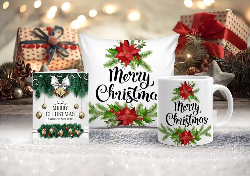 Mojolo Merry Christmas Gift Combo – Cushion Cover with Filler, Ceramic Coffee Mug & Greeting Card | Premium Christmas Gift Set for Friends, Family, Kids & Corporate Gifting(x250127)
