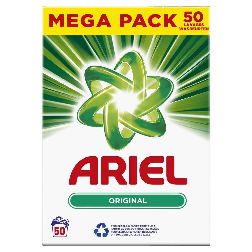 Ariel Lessive Poudre Détergent 3kg 50 Lavages, Couleur, Soins de Couleur Supplémentaires Avec Technologie Anti-Résidu