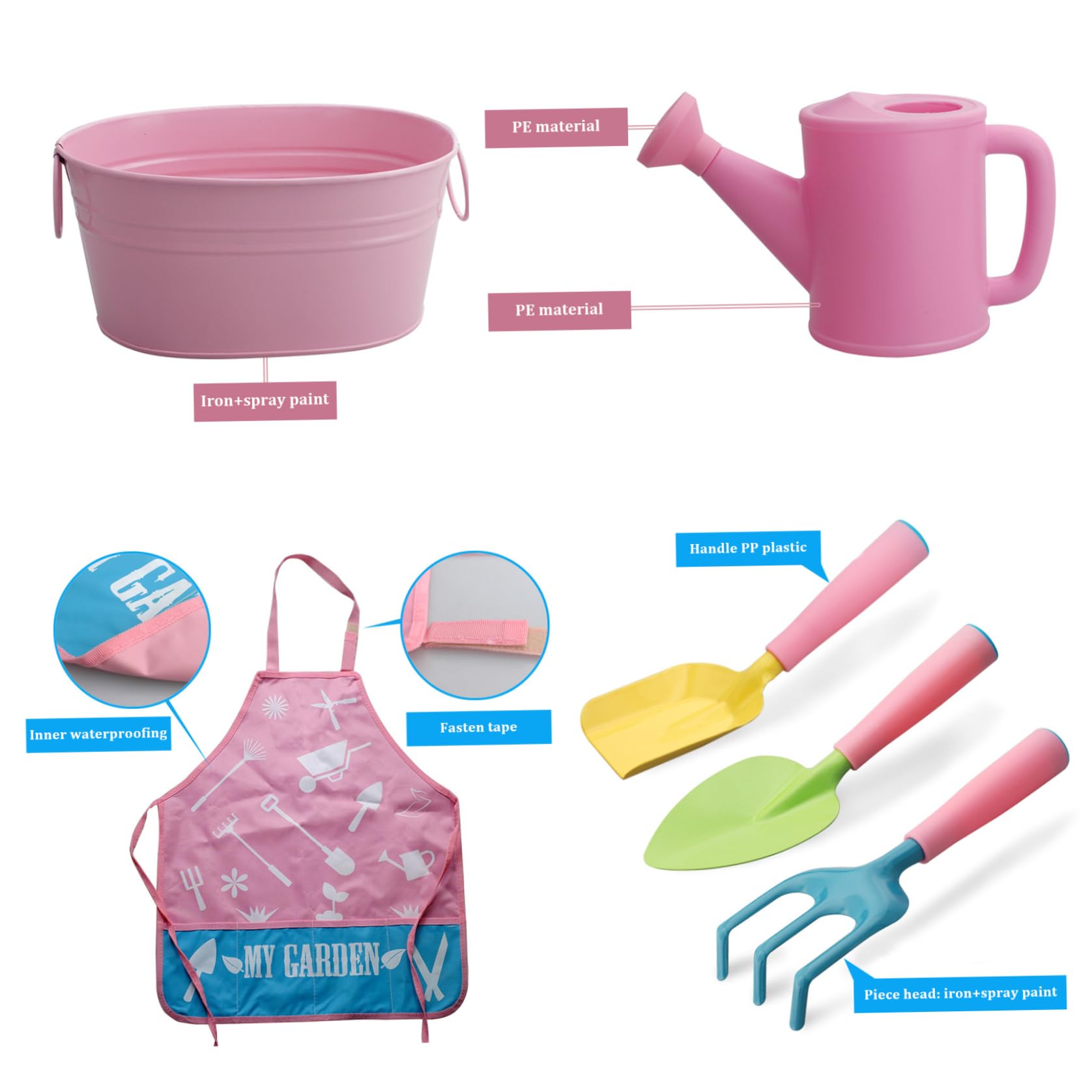 Juego de Herramientas de jardinería para niños pequeños, Pala, rastrillo, Olla, Delantal, regadera, Bolso de Mano Educativo, 11 Uds.