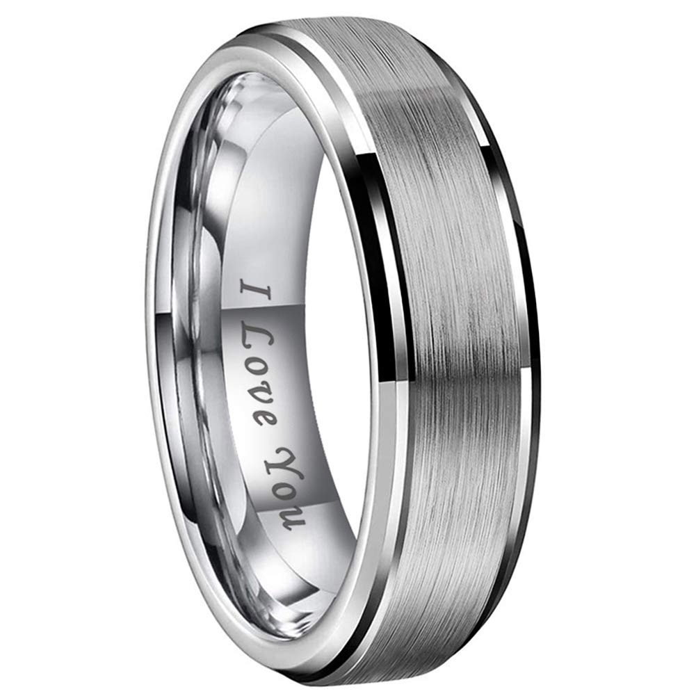 iTungsten 6mm 8mm Silver/Gunmetal/Rose Gold Tungsten Carbide Rings for Men Women Wedding Bands Stepped Beveled Edges Matte Finish I Love You Engraved Comfort Fit