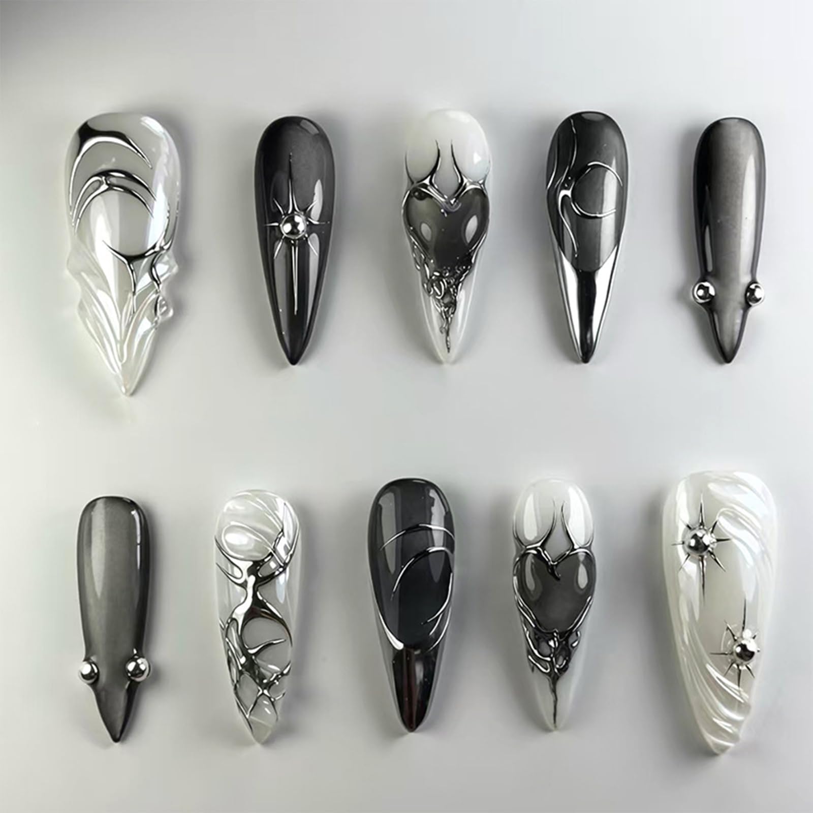 GlamRays 24 Stück Schwarze Katzenaugen Mandel-Falschnägel mit 3D-Kristall-Design, 3D-Nagelkunst, Aufkleber-Nägel,Luxus Wiederverwendbare Falschnägel