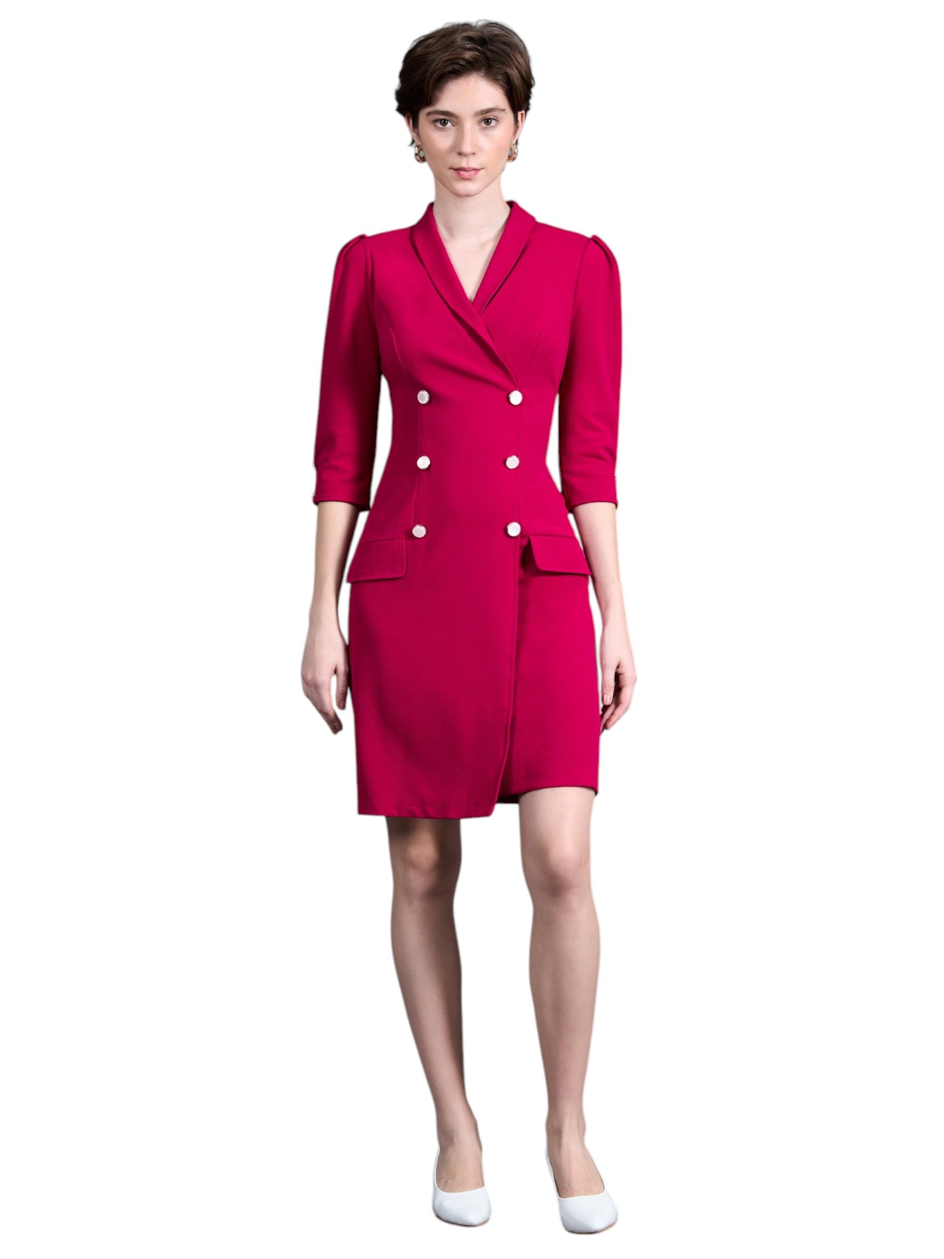 miss chase Women's V-Neck 3/4 Sleeve Double Breasted Blazer Knee-Long Polyester Dress (MCAW25D84-71-465-06, Mulberry Pink, XL)-picture-37