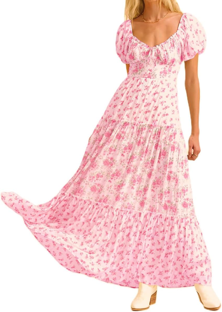 Women's Boho Floral Dress Lace Patchwork Maxi V Neck Puff Sleeve Backless Sundress Tiered Ruffle Hem Dresses,Pink,S