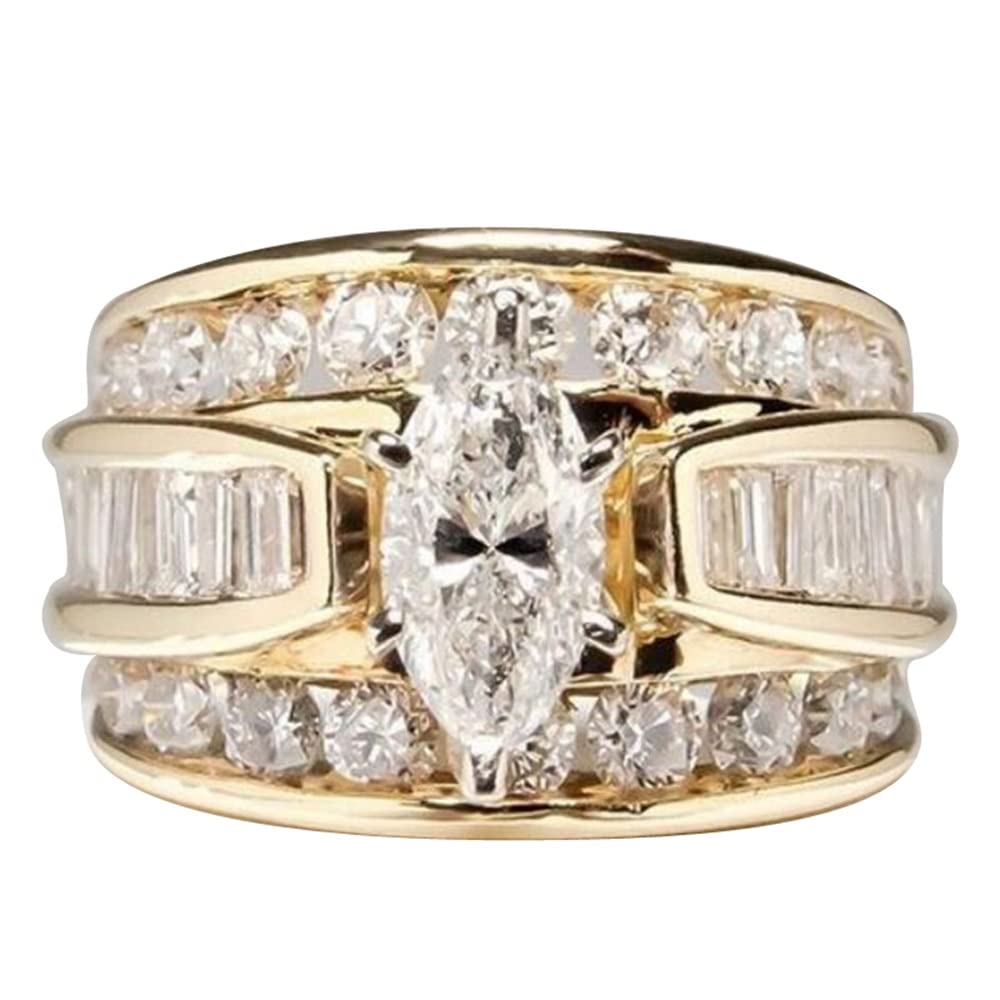 18K Yellow Gold Plated Luxury Marquise Cut Cubic Zirconia CZ Shiny Full Diamond Multi Row Eternity Engagement Wedding Band Promise Ring for Women ST.196 (9)