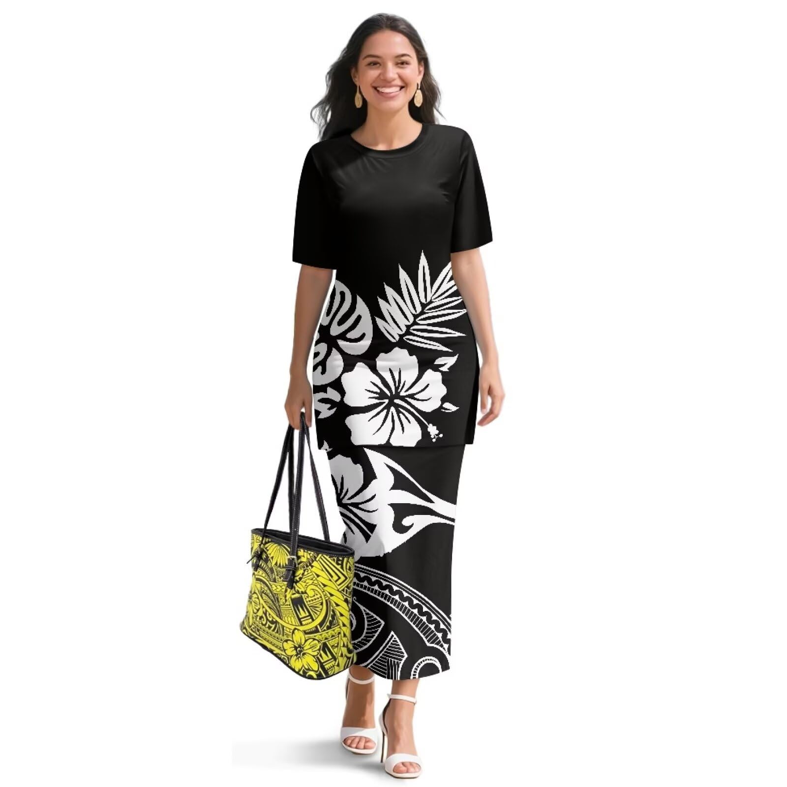 Puletasi Samoan Traditional 2 Piece Outfits for Women Short Sleeve Crop Top and Maxi Skirt Sets Puletasi Dress