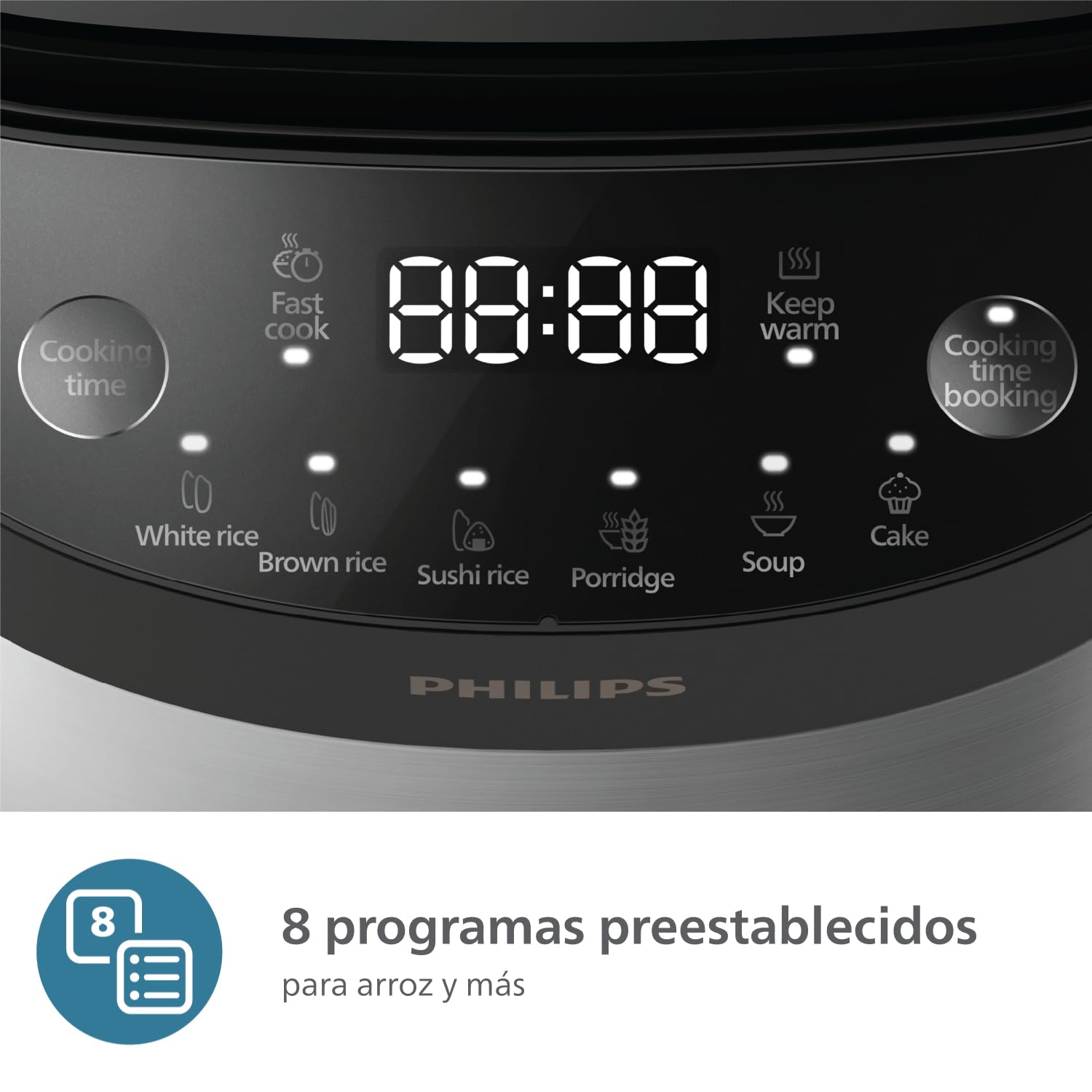 Philips Arrocera Serie 3000 - Compacta 0,85 l, 8 menús automáticos, olla antiadherente de 4 capas, cocción rápida en 30 minutos, diseño negro y plateado (HD3093/80)