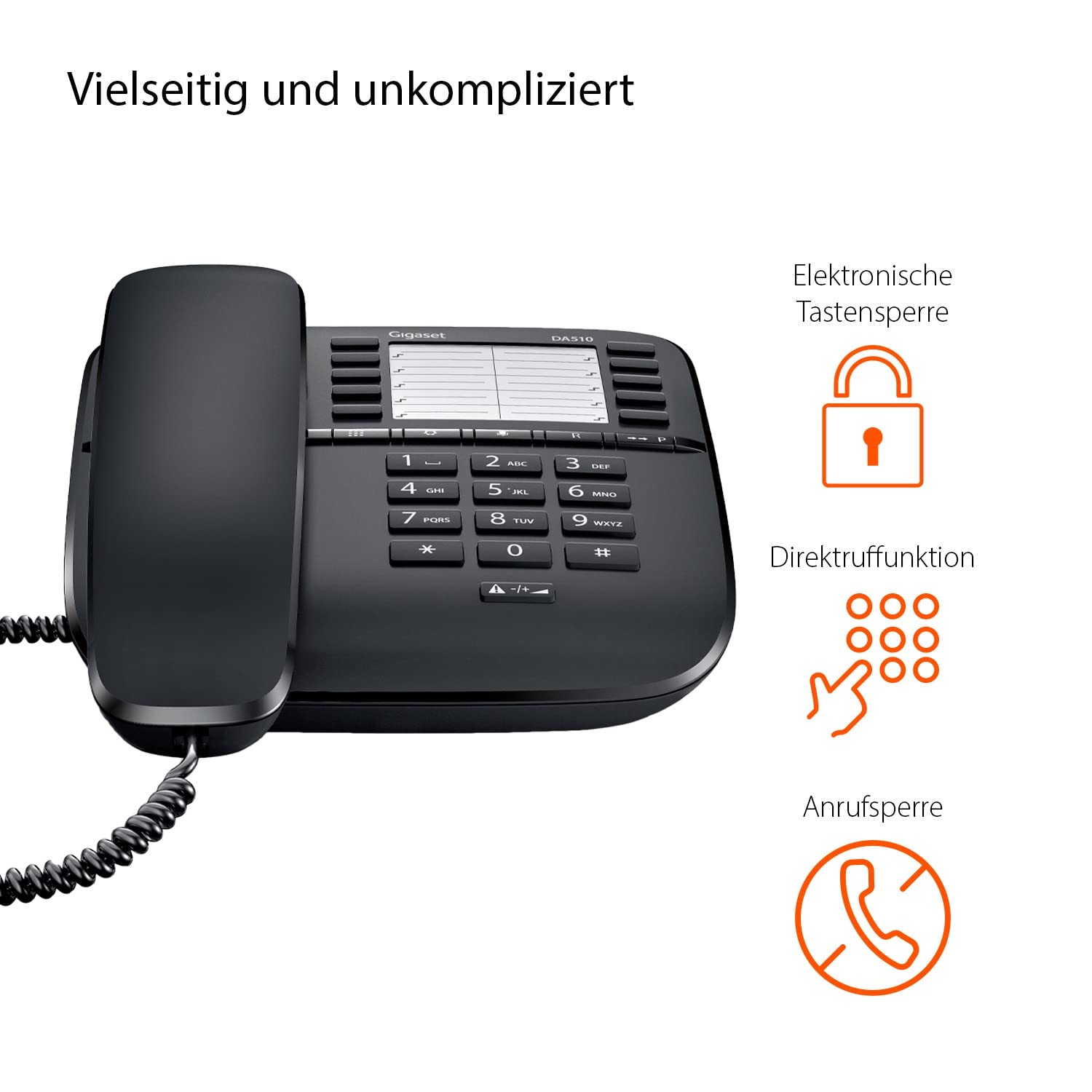 Gigaset DA510 - Schnurgebundenes Telefon mit praktischer Anrufanzeige - Kurzwahleinträge - großes Telefonbuch - Stummtaste mit Wartemelodie - Anrufsperre und Tastensperre, schwarz