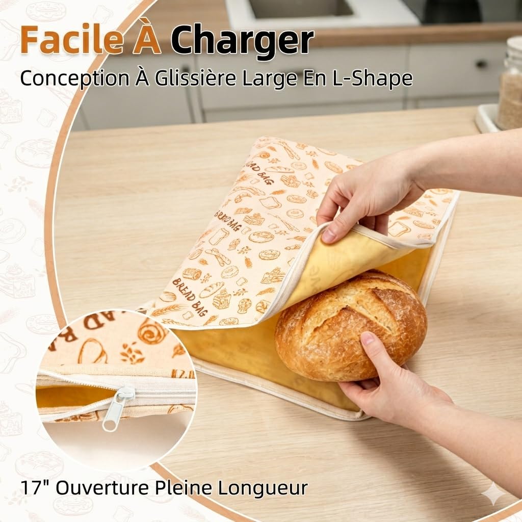 AHJ Sac à Pain en Cire d’Abeille avec Fermeture Éclair, Lot de 2 Sacs Réutilisables 43 x 33 cm, Conservation du Levain Maison, Baguette et Produits de Boulangerie