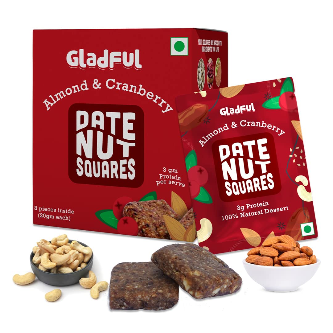 Gladful Almond & Cranberry Date Nut Square - A Healthy, Sugar-Free, Dates & Dry Fruits Based Dessert Bites/Barfi/Chakki For Kids & Families|High In Protein & Fiber, Source Of Instant Energy (20G X 8)